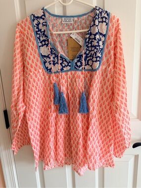 NWT- SZ Block-Print Coral Tunic with Blue Embroidered Yoke